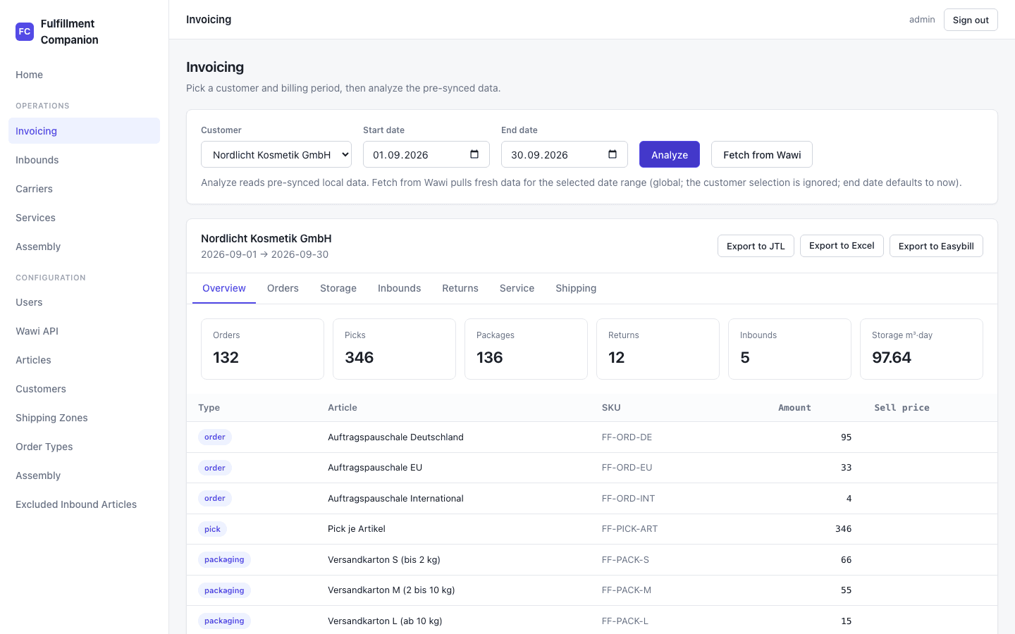 Fulfillment Companion: Monatsabrechnung eines Kunden